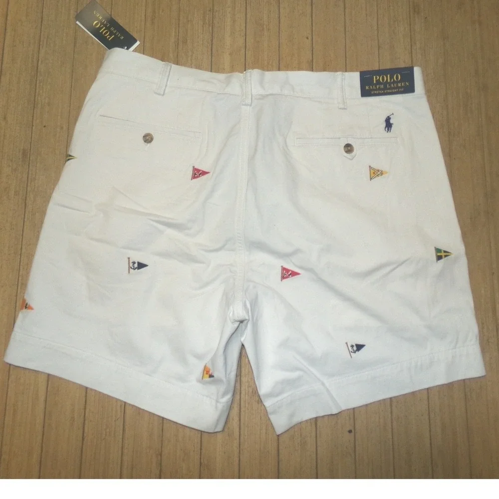 MENS POLO RALPH LAUREN‎ SZ 38 STRETCH STRAIGHT FIT SHORTS~WHITE / FLAGS~NWT